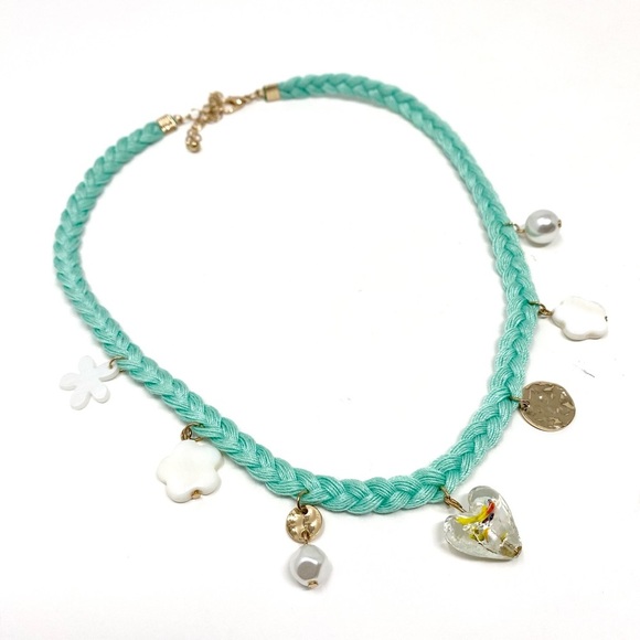 New Free People Charm Choker Necklace Blue Flower Heart - Picture 4 of 6